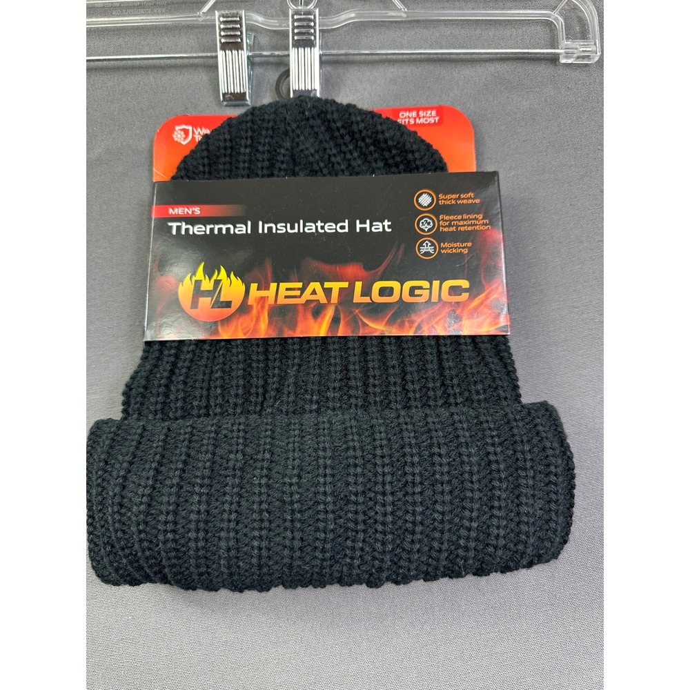Heat Logic Men's Thermal Insulated Hat Black‎ Fleece Lined Cable Knit Beanie NWT
